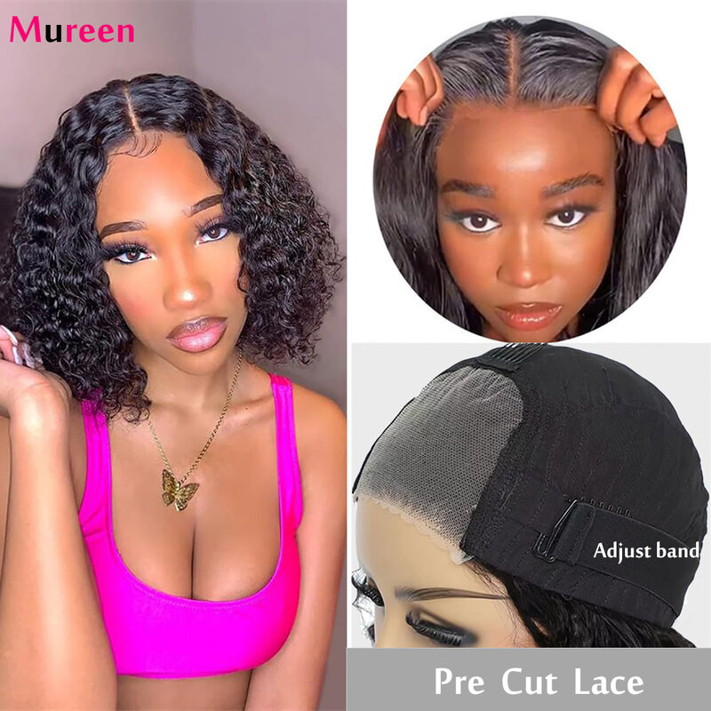 Mureen-女性用ディープウェーブボブウィッグ、接着剤なしの人間の髪の毛、プレカットレースクロージャー付きウィッグ、4 x4に対応