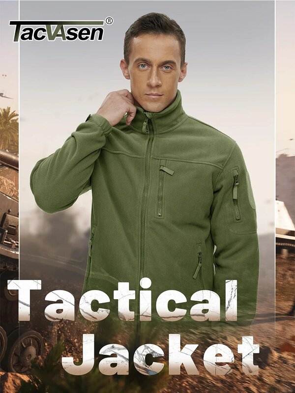 TACVASEN 남성용 플리스 재킷, 풀 지퍼 전술 재킷, 야외 하이킹 코트, 지퍼 포켓 작업 재킷, 바람막이 오버코트