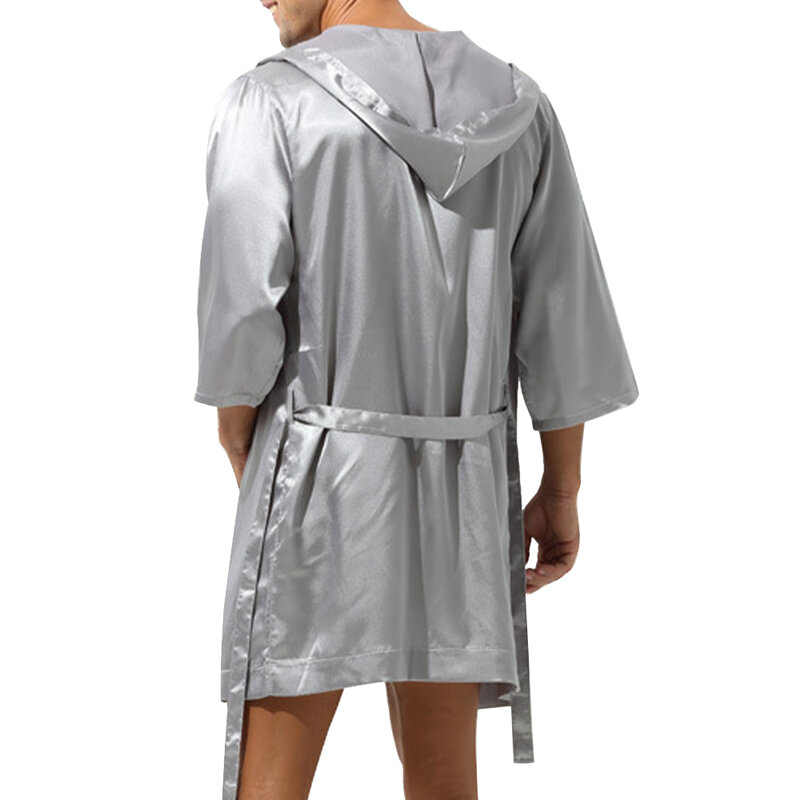 Roupão de seda cetim solto com capuz masculino, pijama pijama, camisola com renda, pijama de manga comprida, tamanho grande