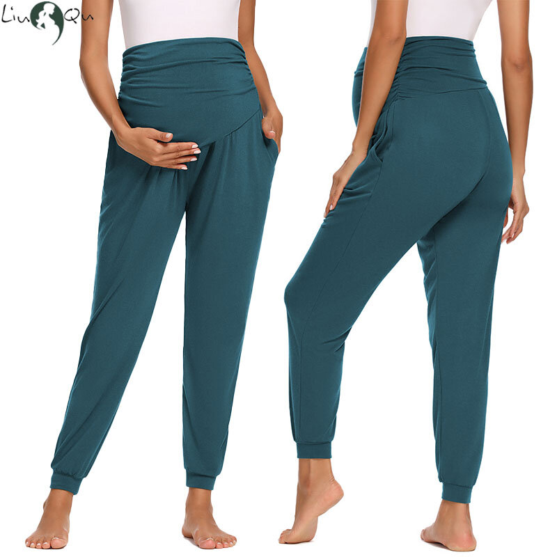 Pantalones de maternidad para mujer, de cintura alta pantalón de chándal, elástico, cómodo, informal, para embarazo, con bolsillos