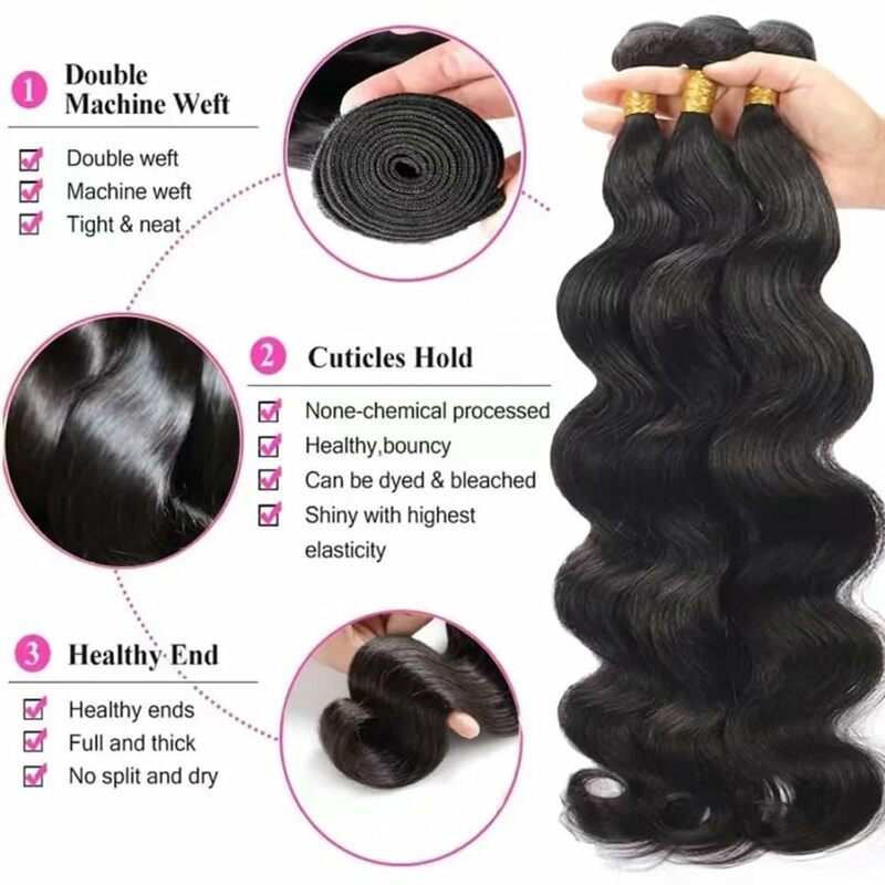 Brazilian Body Wave Hair Bundles Human Hair Weave Bundles Natural Black/Jet Black 1/3/4 Piece 8-32” Remy Hair Extensions ﻿