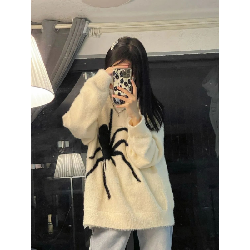 French Lazy Sweater Jacquard Women's Fashion Loose Retro Plush Thick Spider Jacquard Knitted Pullover Top Autumn New Cashmere