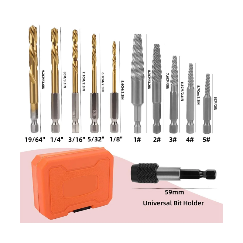 10-Piece Screw Extractor Set and Universal Drill Bit Holder, Left Hand Drill Bit Set, for Removing Broken Studs, Bolts