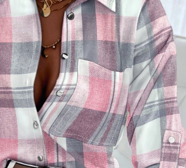 Hemd für Frauen schicke Mode kariertes Muster Roll-up-Ärmel geknöpftes Hemd umdrehen Kragen lange Ärmel lässige Blusen Tops