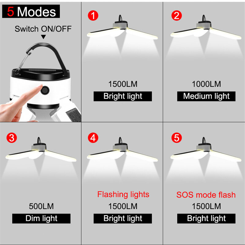 Dobrável Outdoor Solar Camping Lights LED Lanterna Tent Lamp USB Recarregável Caminhadas Luzes de Emergência Solar Tent Pendurado Lâmpada