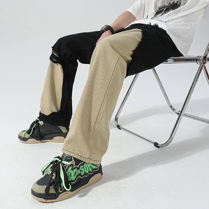 FEWQ-Calças jeans americanas masculinas, perna reta, solta, casual, perna larga, patchwork, cor de contraste, 24X9005, primavera