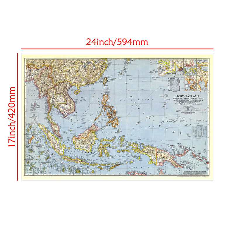 Mapa del mundo detallado en tamaño A2, póster del sudeste asiático 1944, tabla de pared, Papel Kraft Retro, suministros de oficina del mundo