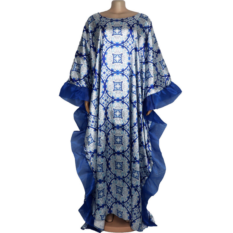 Pakaian wanita ukuran Plus gaun jubah kerah bulat kelelawar tidur perca cetak Digital dan aturan gaun panjang longgar besar