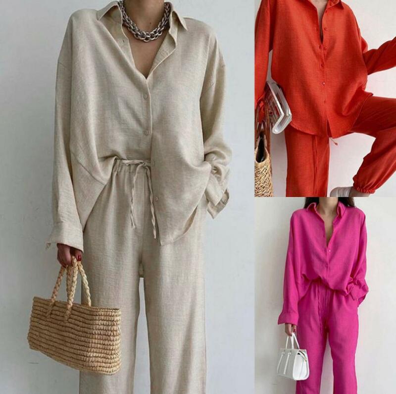 Conjunto de dos piezas de lino y algodón para mujer, camisa holgada de una sola botonadura, pantalones de pierna ancha de cintura alta, colección de moda de verano