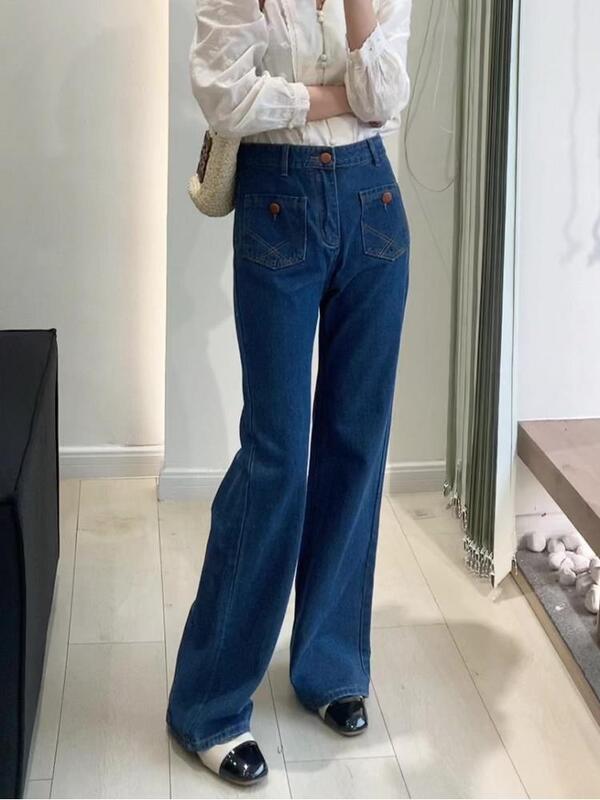 Finewords-Jeans feminino de cintura alta com fundo de sino, jeans casual retrô solto, streetwear coreano, calças jeans com bota de lazer
