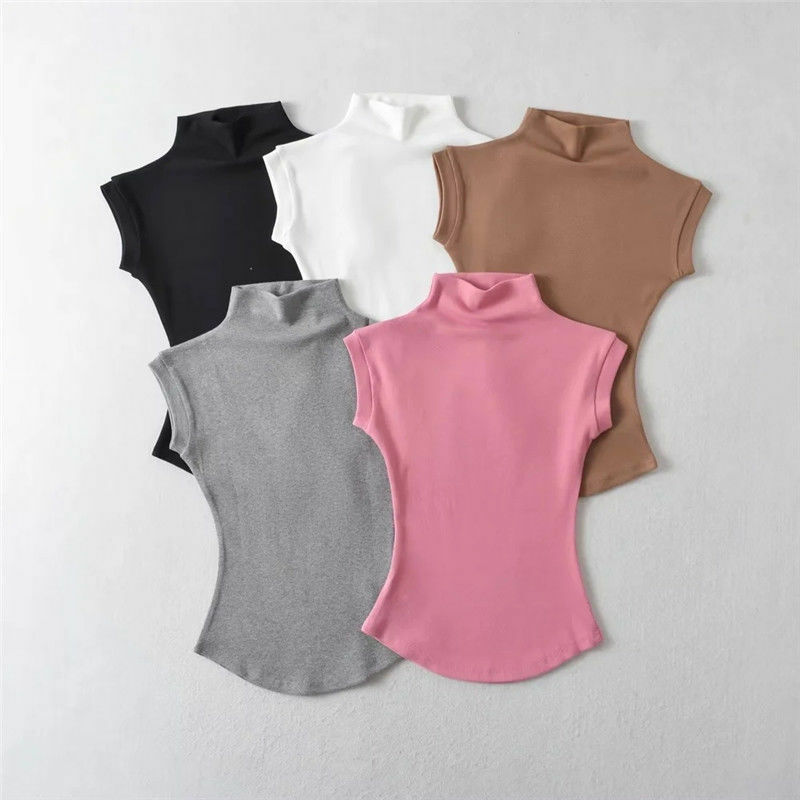 여성용 섹시한 터틀넥 민소매 티셔츠, 단색 슬림핏 풀오버, 캐주얼 티셔츠, 여성 스트리트웨어 기본 티, 여름