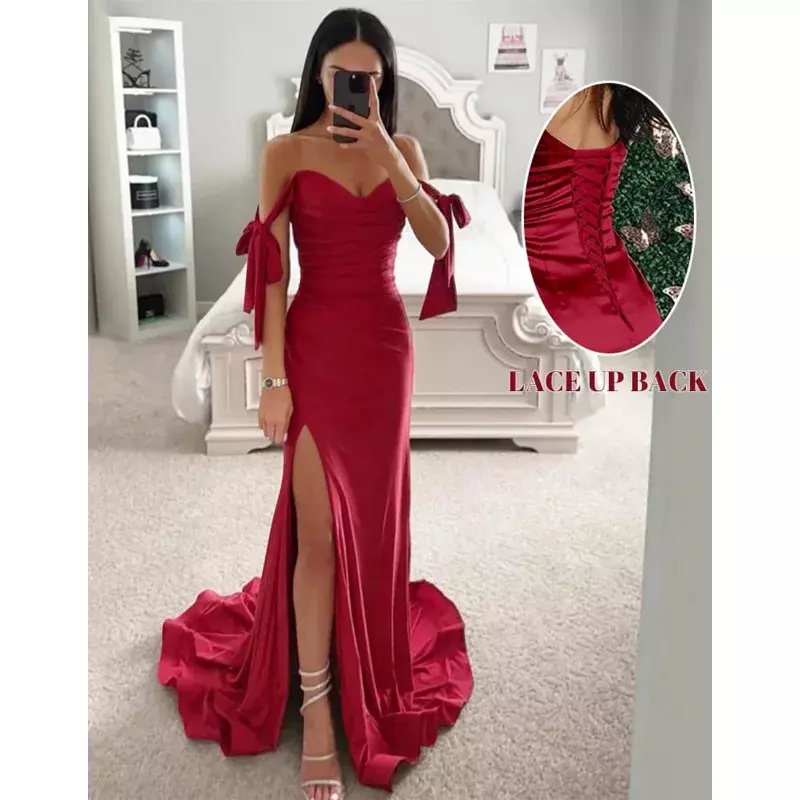 Wakuta Long Off Shoulder Satin Bridesmaid Dresses with Slit Ruched Mermaid Prom Dress Corset Formal Party Gowns for Women