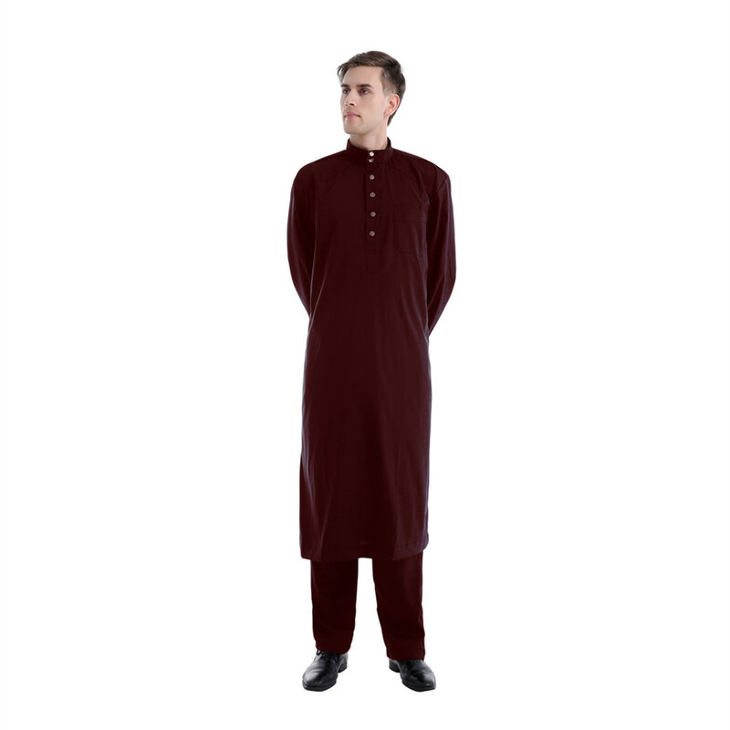 Muslim Long Robe Pants Set Men Thobe Jubba Ramadan Arabic Pakistan Dubai Saudi Eid Turkey Abaya Male Islam Clothing Caftan Dress