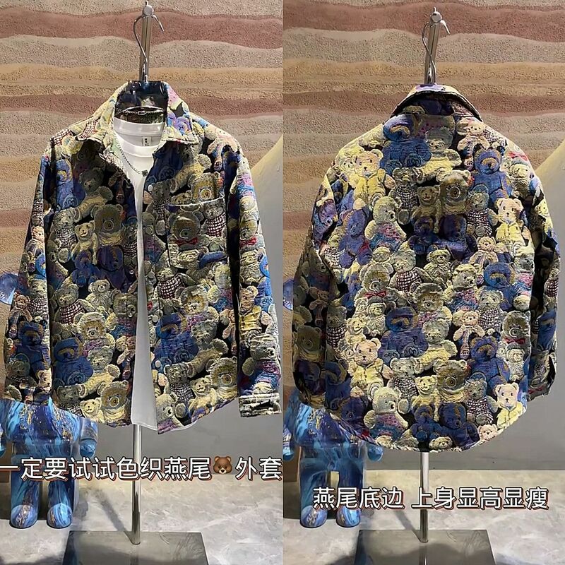 Autumn New Bear Embroidered Jacquard Lap Flower Coat Men Ins Fashionable Loose