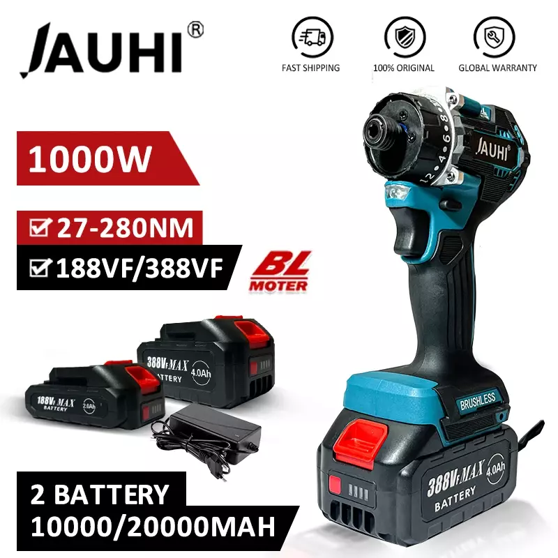 Jauhi-充電式コードレス電気ドリル、ブラシレスドライバー、トルク280n。m、makita用スクリュードライバー、18vバッテリー、20 1