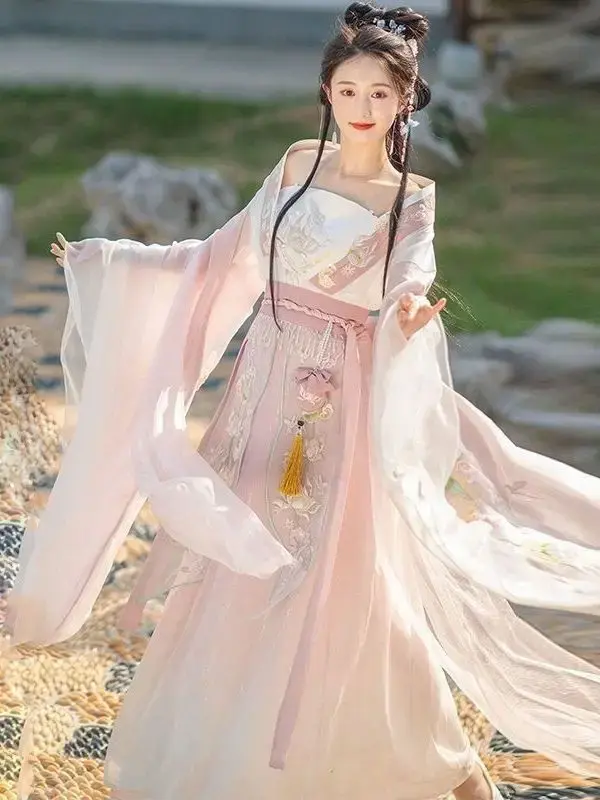 زي تنكري صيني للنساء وي-جين ، هانفو محسن ، أكمام واسعة ، فستان مطرز ، طراز تقليدي ، الخريف والشتاء