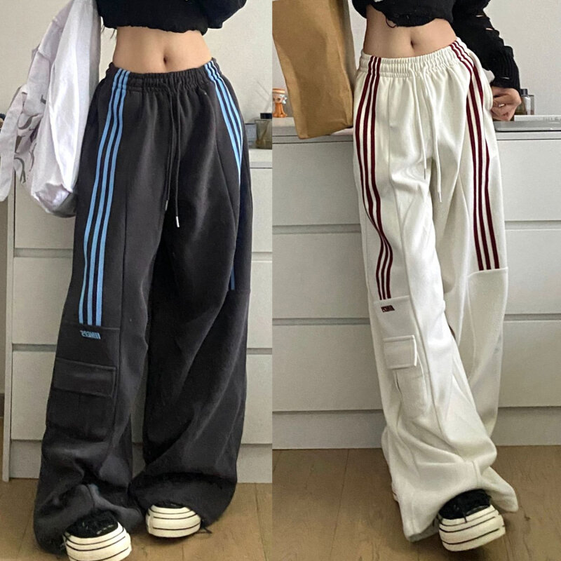 American Retro Lazy Style Wide Leg Pants Women Solid Stripes Elastic High Waist Drawstring Loose Casual Straight Sports Trousers