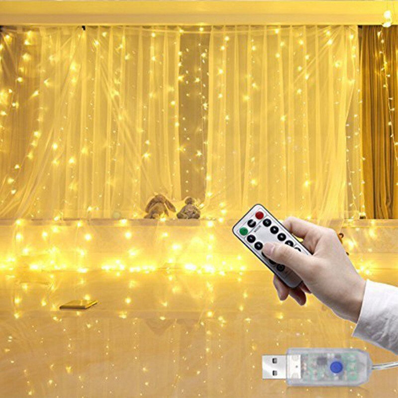 Cortina de luces LED de hadas, luces de alambre de cobre impermeables, USB remoto, 8 modos, dormitorio, fiesta, boda