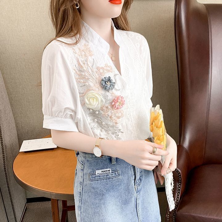 Nowe letnie koszulka z dekoltem v 2024 damskie luksusowe cekiny haftowana, ze wzorem w kwiaty koszule z krótkim rękawem damskie luźne koreańskie bluzki