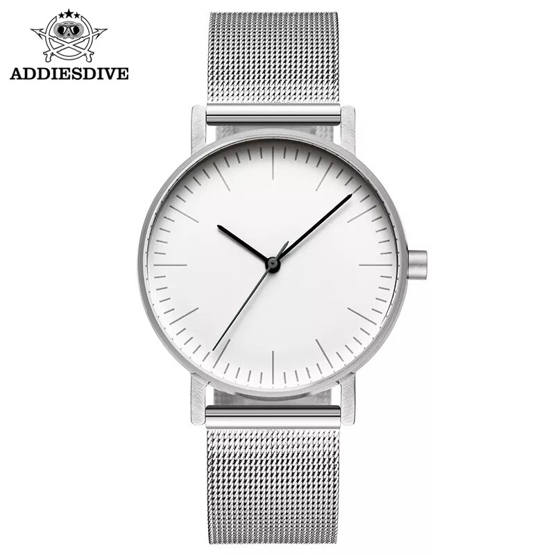 Relógio Bauhaus Estilo Minimalista em Couro, Swiss Rhonda 763 Movement, Minimal 36mm Stainless Steel, Meshbelt Couple Watch