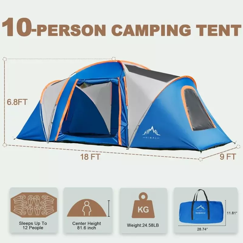 Tenda keluarga 10 orang, untuk berkemah tahan air, Festival musik, pesta, tenda besar 2 kamar dengan 4 jendela jaring besar, lapisan ganda,
