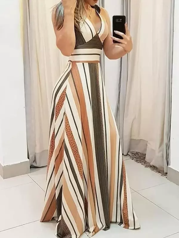 2024 Summer dresses Striped Colorblock Plunge Maxi Dress