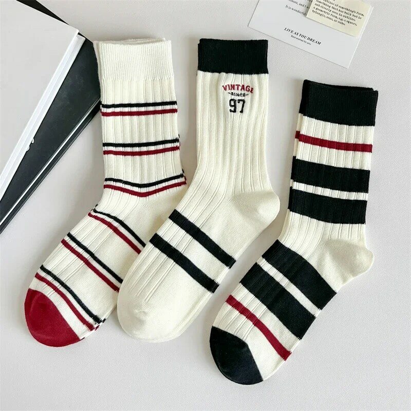 3 Pairs Per Lot Socks For Women New Casual Breathable Striped Socks Mixed-Color Embroidery Girls Crew Socks Multipack Trends