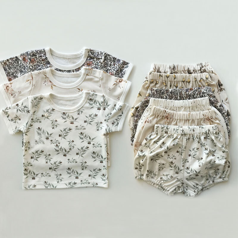 Одежда для новорожденных мальчиков и девочек летние хлопковые комплекты одежды с цветочным рисунком для малышей Топы с короткими рукавами,...