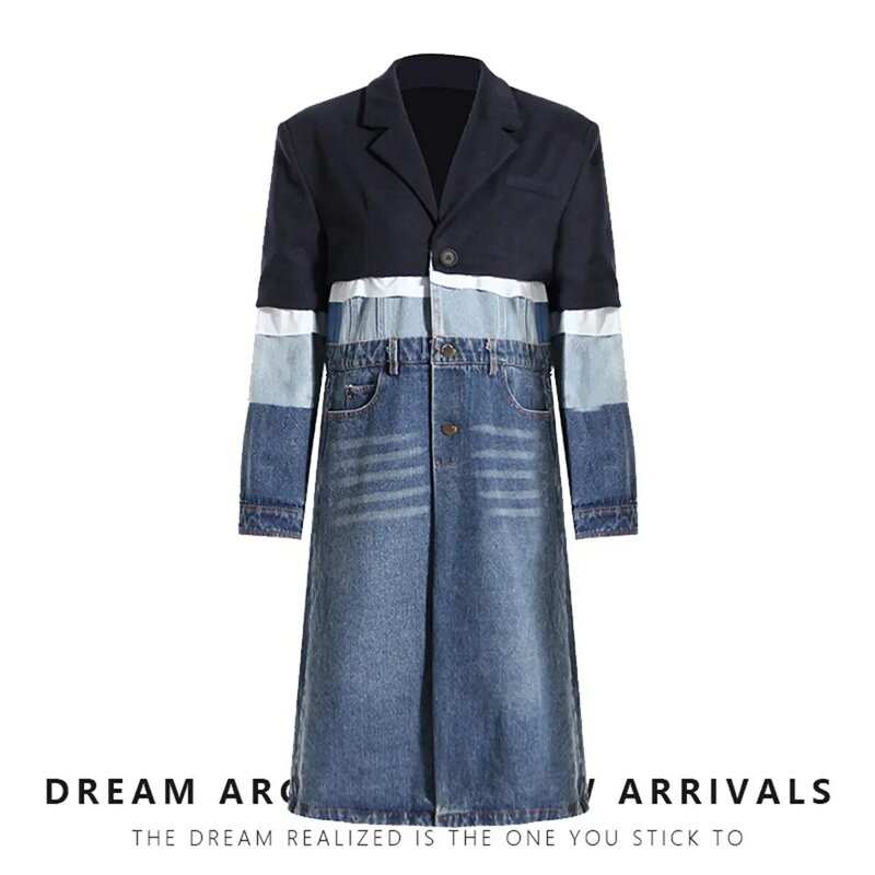 Fato formal denim feminino, cor de emenda, moda feminina de trabalho, blazer de manga comprida, casaco primavera, 1 pc