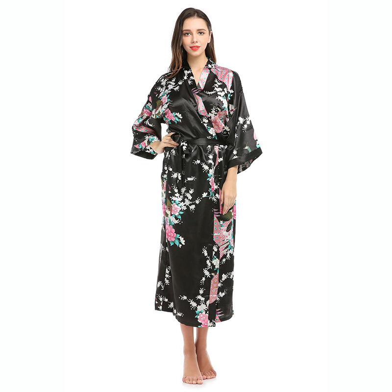 Damen Silk Satin Kimono Roben Lange Nachtwäsche Morgenmantel Floral Pfau Gedruckt Muster Party Hochzeit Brautjungfer Bademantel