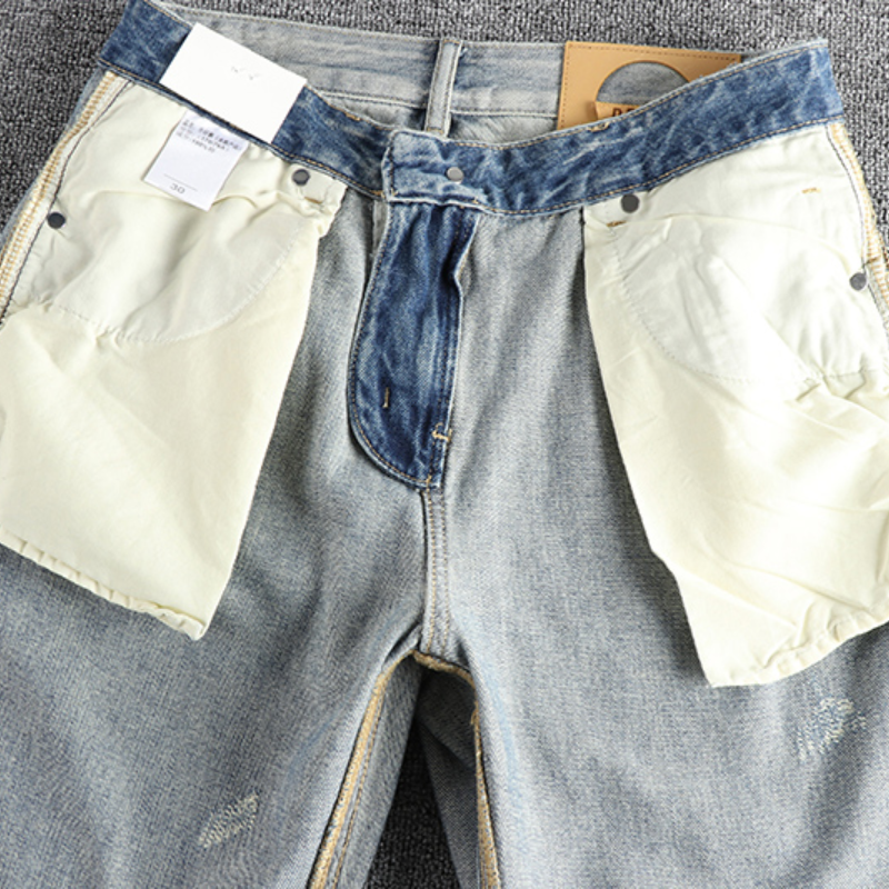 Calça bordada retrô de encaixe solto masculino, gato lavado faz jeans velho, tendência de tubo reto, nova moda, primavera
