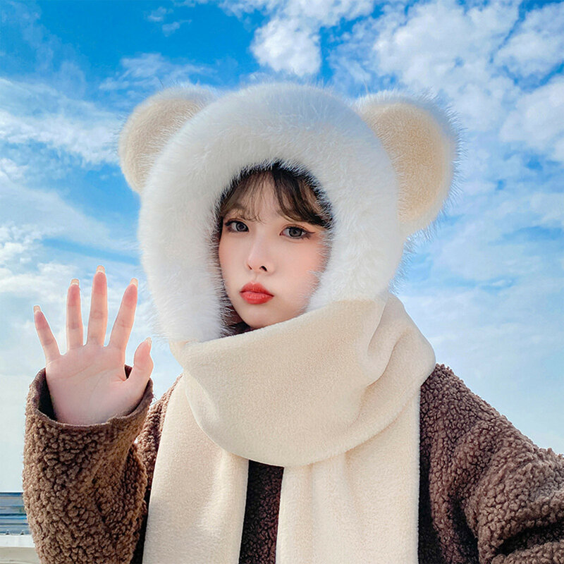 Winter Thickened Bear Hats Scarf All-in-one Female Korean Style Cute Fashion Cycling Ourdoor Warm Gloves Fleece Three-piece Set