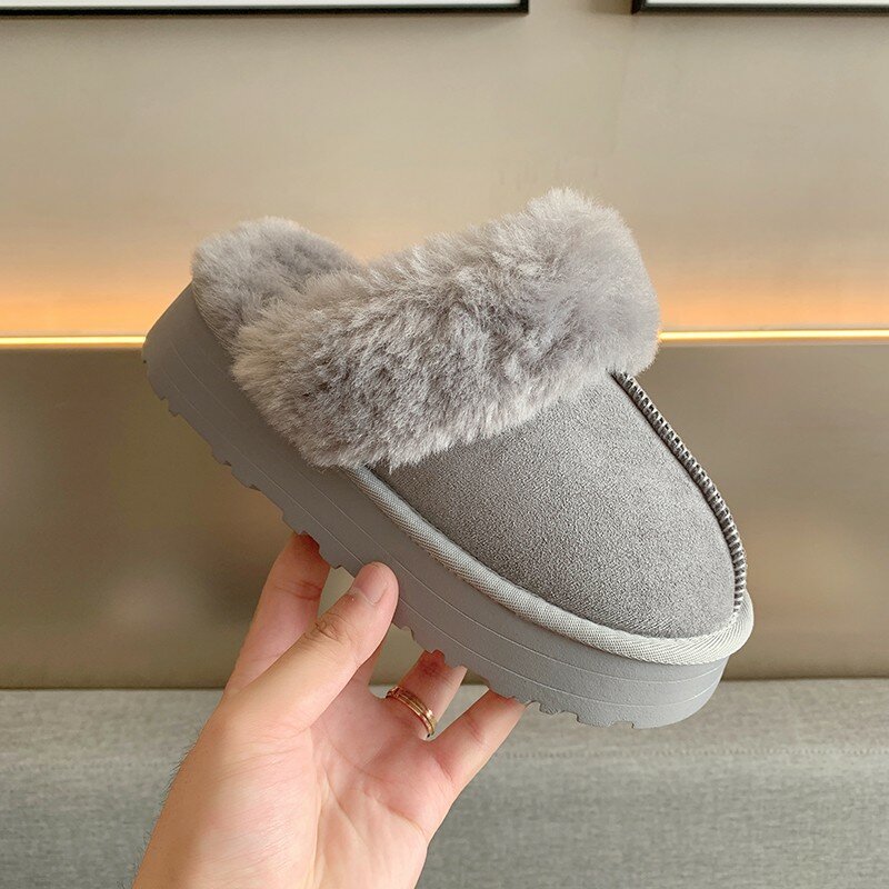 Fell Hausschuhe Frauen Winter Plüsch Sandalen Luxus Slip auf Plattform Rutschen Weibliche Dicken Sohle Designer Baumwolle Hause Schuhe
