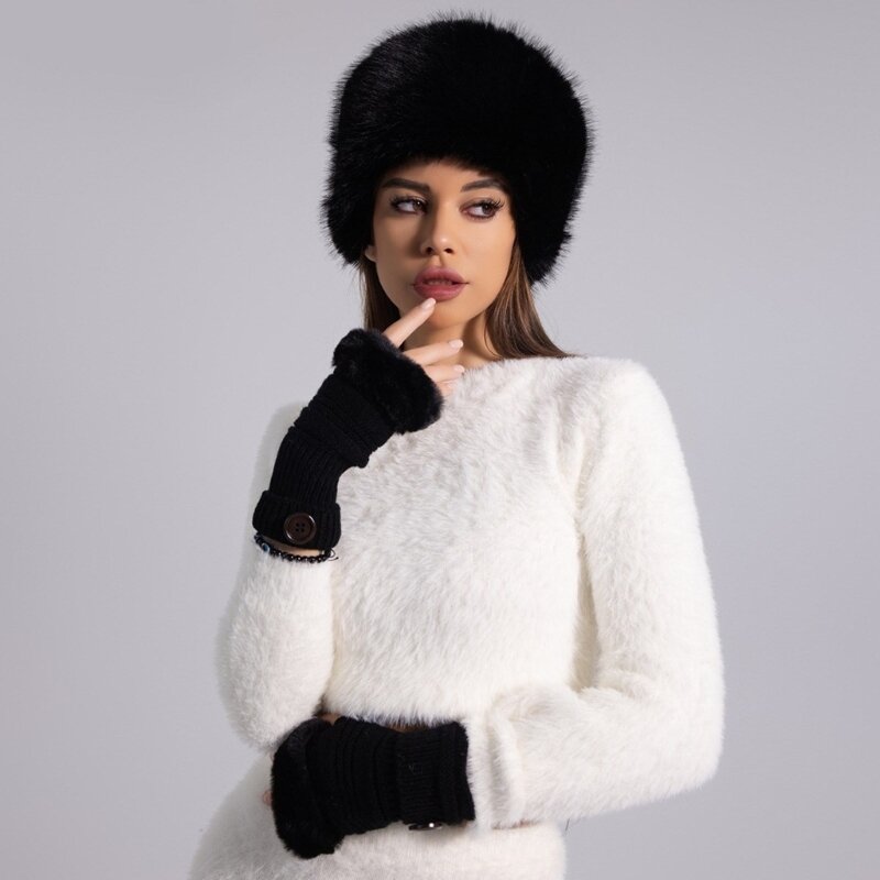 Women Winter Faux Fur Plush Bucket Hat+Fingerless Gloves Lady Casual Outdoor Cold Weather Windproof Russian Style Mongolian Hat