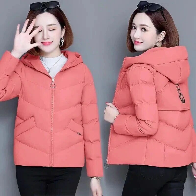 Parka jaket ramping katun wanita, mantel bertudung bercetak bantalan pendek Semua cocok kasual Mode Korea musim dingin 2024