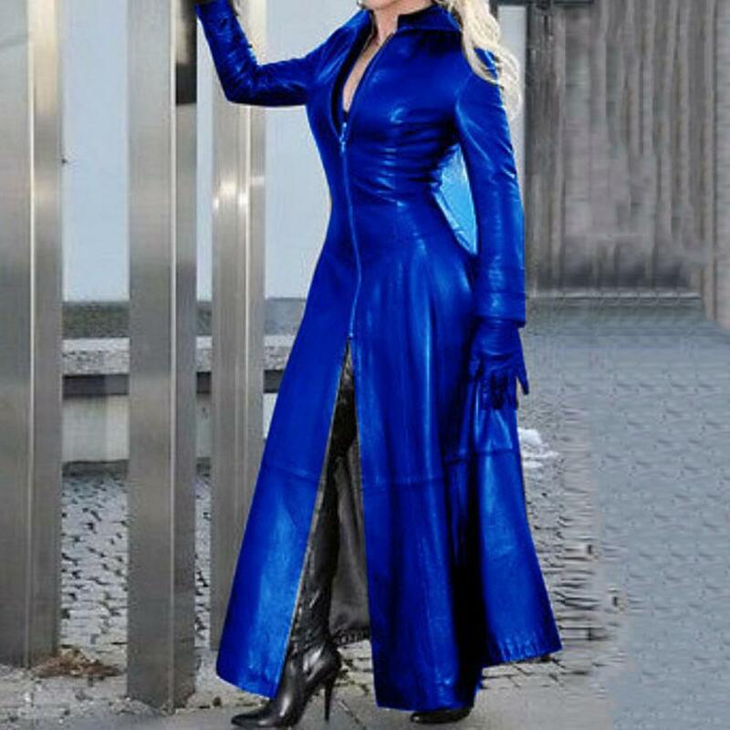 Mantel kerah Lapel warna polos modis wanita kulit imitasi Cyberpunk dengan kerah Lapel ritsleting Kelim terpisah musim gugur bergaya
