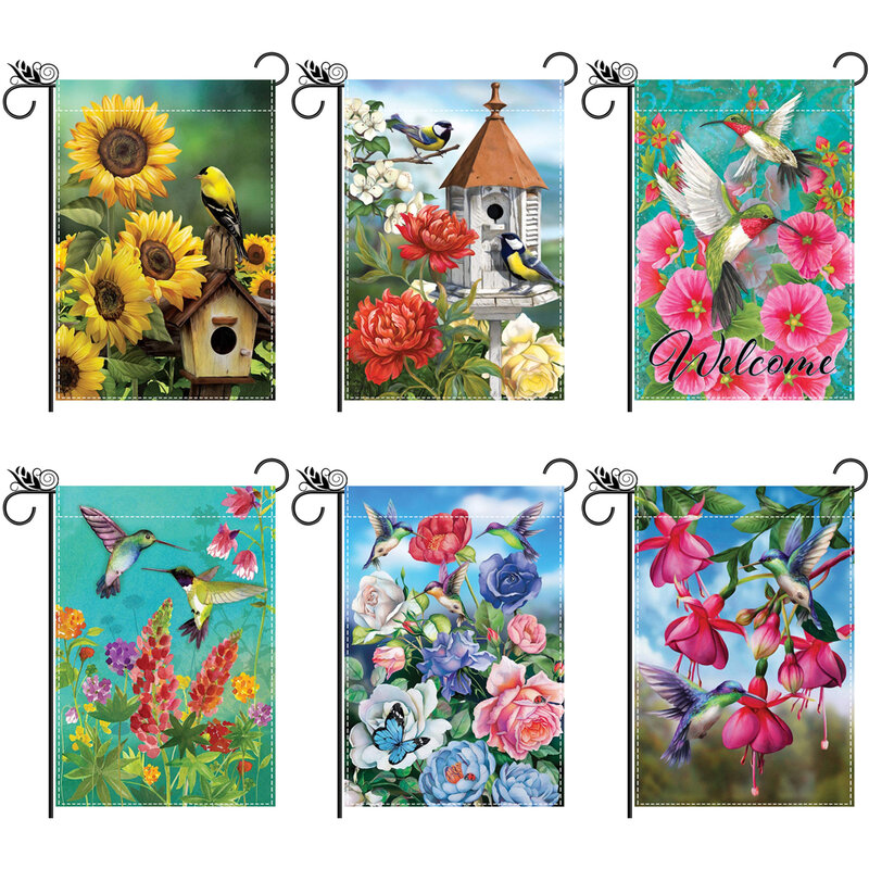 1 piece of birdie, flower, sunflower pattern, double-sided printed garden flag, courtyard decoration, excluding flagpole