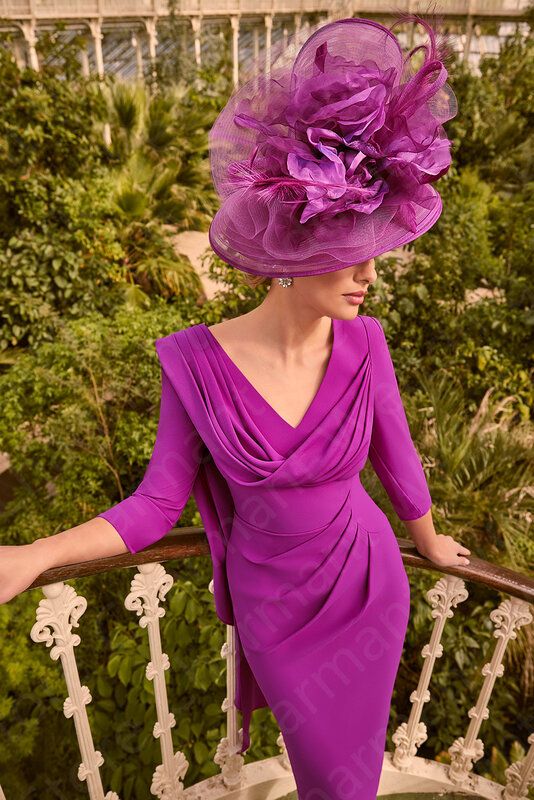Vestido corto púrpura moderno para madre de la novia, traje largo hasta el té, escote en V 2024, 3/4 manga, drapeado para fiesta de boda