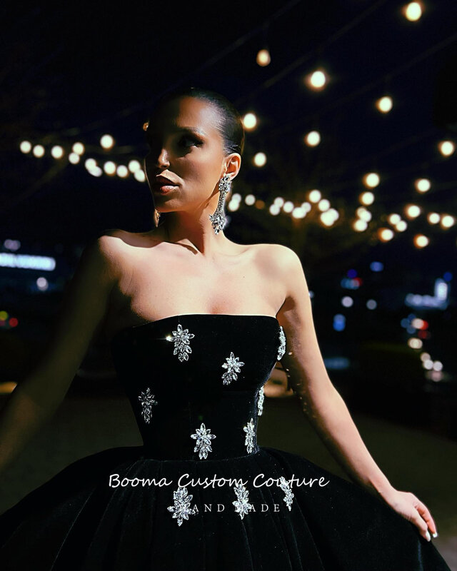 Женское бархатное платье средней длины Booma, черные плиссированные велюровые вечерние платья без бретелек с кристаллами, а-силуэт, для выпускного вечера, 2022