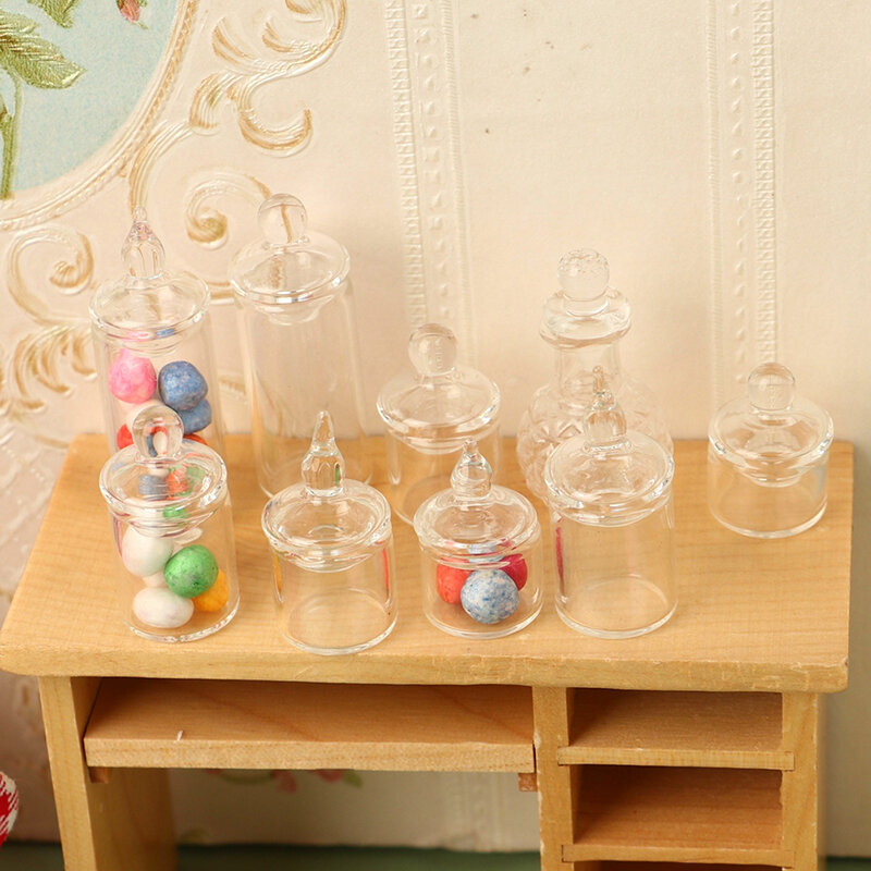 Tarro de vidrio transparente en miniatura para casa de muñecas, botella de almacenamiento de frijol de caramelo, frasco pequeño con cubierta, decoración de cocina, juguete, accesorios para casa de muñecas, 1:12