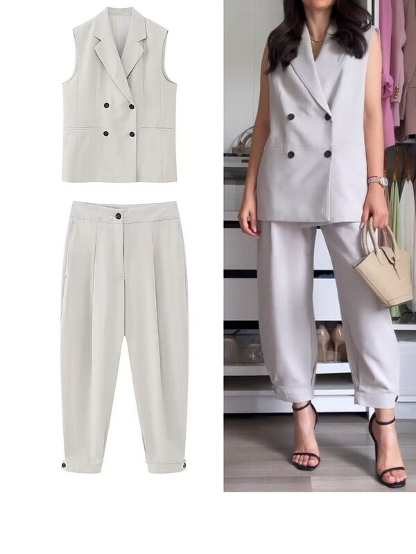 Back slit lapel top and women's trousers, button trim, high waist, office suit, Fashion Trends, new, 2024