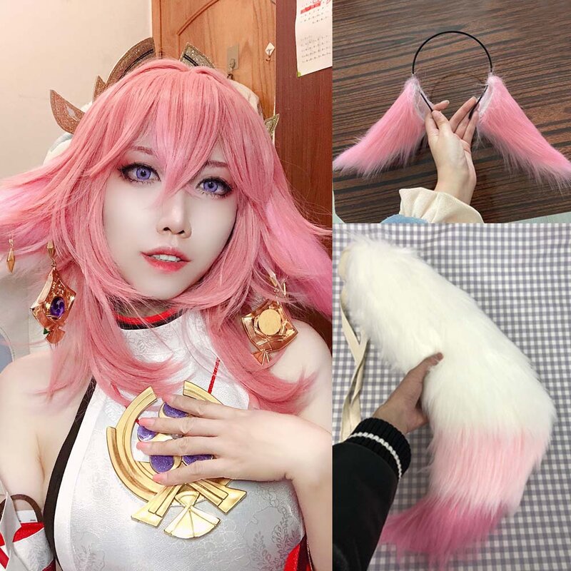 Diadema de orejas de gato de zorro de Anime Lolita, tocado de cola de Cosplay, accesorios de fiesta de disfraces de Halloween, Yae Miko