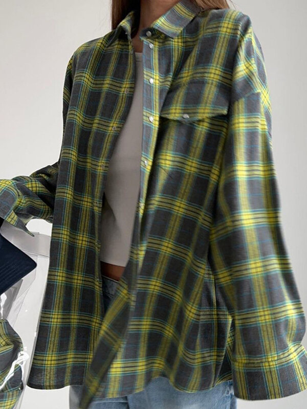Mueyaruho 여성용 오버사이즈 격자 무늬 셔츠, 빈티지 긴팔, 루즈핏 블라우스, 2023 가을 겨울