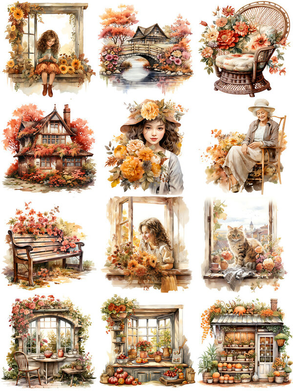 Pegatinas decorativas de flores de otoño, álbum de recortes artesanal, diario de chatarra, 12 unids/lote por paquete