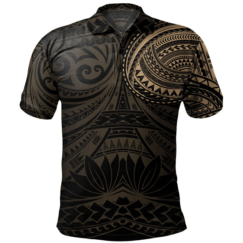 남성용 폴리네시안 부족 패턴 폴로 셔츠, 3D 프린트 반팔 티셔츠, 하와이 해변 단추, 느슨한 라펠 티셔츠, 여름