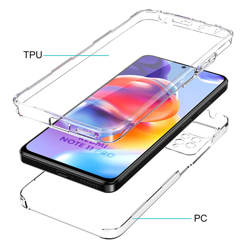 Coque en silicone à couverture complète à 360 ° pour Xiaomi Redmi Note 11 11S 10 10S 9 9S 8 8T Pro 10A 10C 9A 9C 9T, coque rigide souple hybride transparente