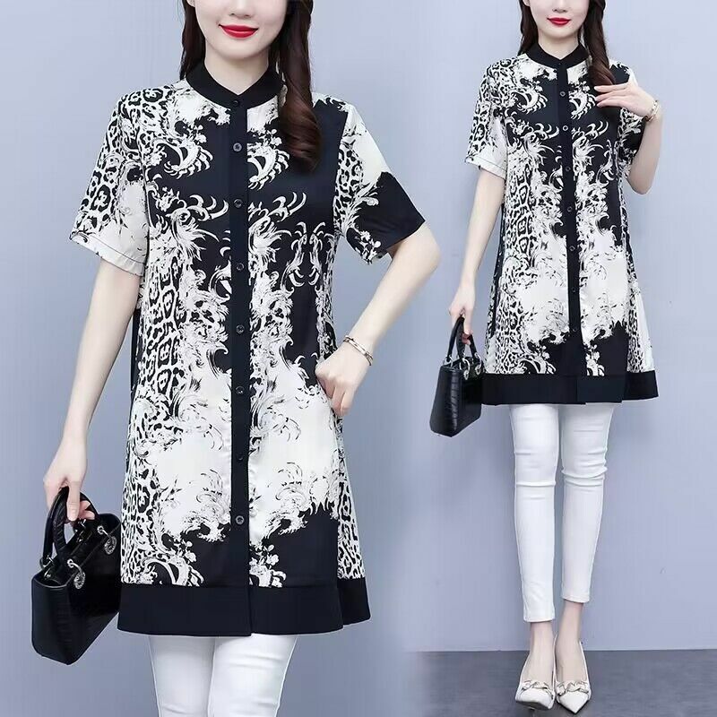 Women Summer Chinese Style Elegant Printing Loose Satin Stand-up Collar Short Sleeve Midi Dress Ladies Large Size Fashion Dress