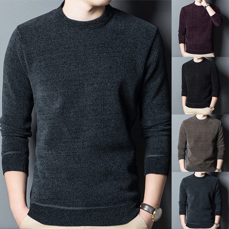Jersey de punto de lana para hombre, suéter grueso y cálido de manga larga, Color sólido, Tops, ropa de invierno