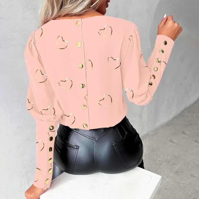 Skin-friendly Shirt Spring Heart Print Women's Shirt Round Neck Long Sleeve Blouse with Button Decor Soft Breathable Ol Commute