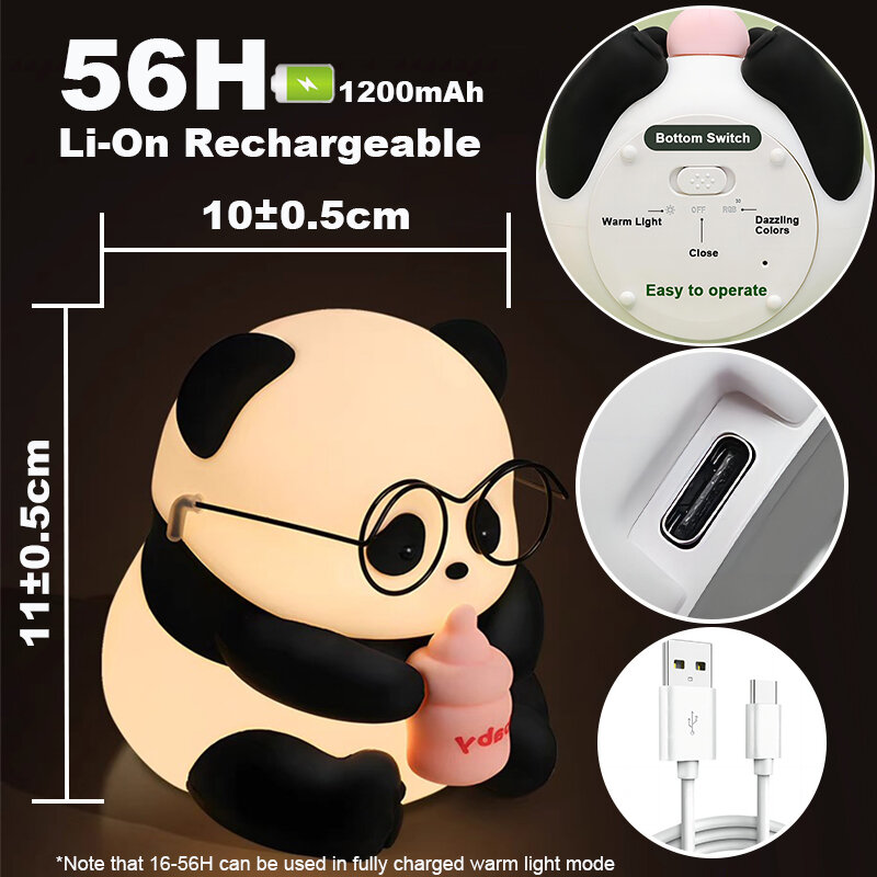 Panda bonito lâmpada de silicone com toque Sensor, LED, recarregável, quarto, cabeceira, brinquedos de descompressão, luz noturna, criança, presente do pai